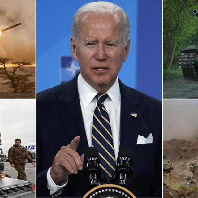 Američki predsjednik Joe Biden (u sredini); raketni sustav HIMARS i protutenkovski sustavi Javelin (lijevo); ukrajinski tenk T-72 i haubica M777 (desno)