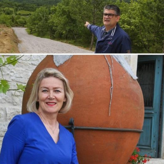 Janez Živko (dolje lijevo), Patricija Markežić, vlasnica vinarije Kabola (dolje desno), pogled na vinograde i vinariju Kabola (gore lijevo), gradonačelnik Fabrizio Vizintin pokazuje mjesto izgradnje turističkog kompleksa (gore desno)
