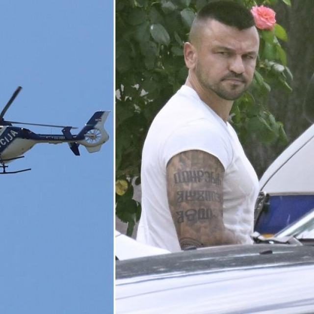 Marko Sudac (fotografija iz 2020.), policijski helikopter i Ilija Jerković kojeg policajci odvode s ispitivanja u Državnom odvjetništvu u Selskoj