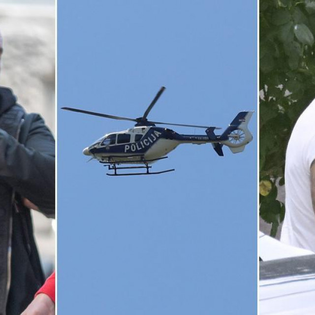 Marko Sudac (fotografija iz 2020.), policijski helikopter i Ilija Jerković kojeg policajci odvode s ispitivanja u Državnom odvjetništvu u Selskoj