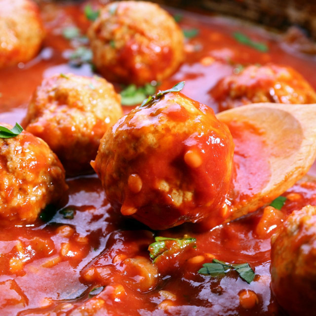 Pan with meat balls in tomato sauce, close-up