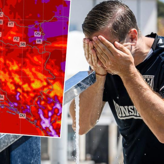 Muškarac se poslijeva vodom na vrućini i karta DHMZ-a za nedjelju