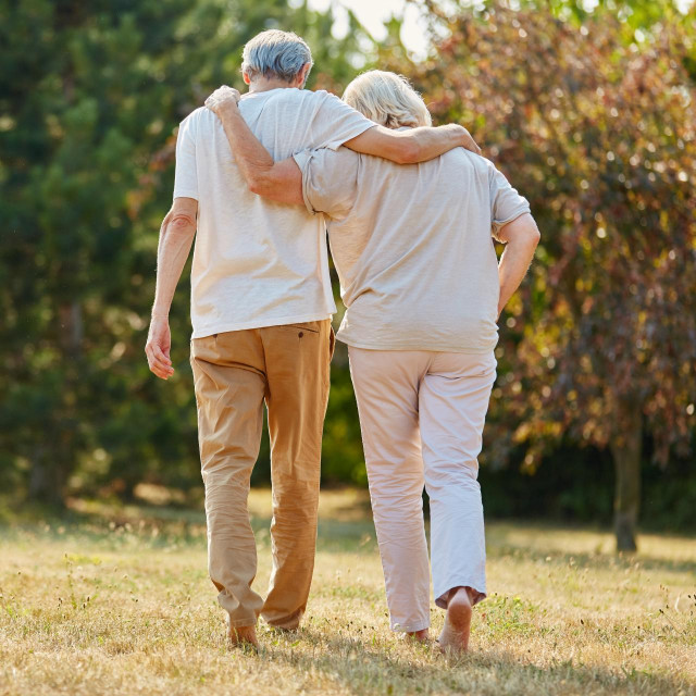 Two seniors in love walking in the nature in summer