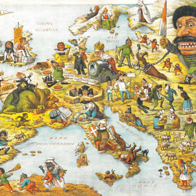 
Stara, ilustrirana karta Europe s različitim nacijama i njihovim glavnim karakteristikama