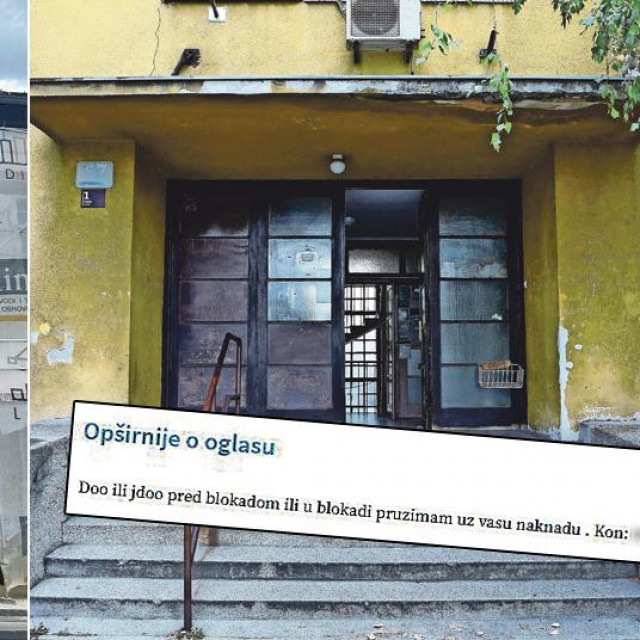 Zgrada na zagrebačkom Pantovčaku u kojoj je izvjesni Ivan P. registrirao 56 tvrtki, a da ga tamo nikad nitko nije vidio (lijevo); u Poljičkoj ulici nalazi se 10 četvornih metara prostora u kojem su prijavljene 353 tvrtke Marija B (desno); Preslika teksta internetskog oglasnika na poznatoj platformi (dolje)