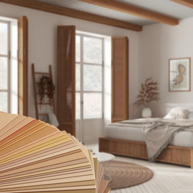 Color palette close up sample. Paint selection catalog over interior design scene, wooden country bedroom with master bed with blanket. Windows with shutters, 3d illustration