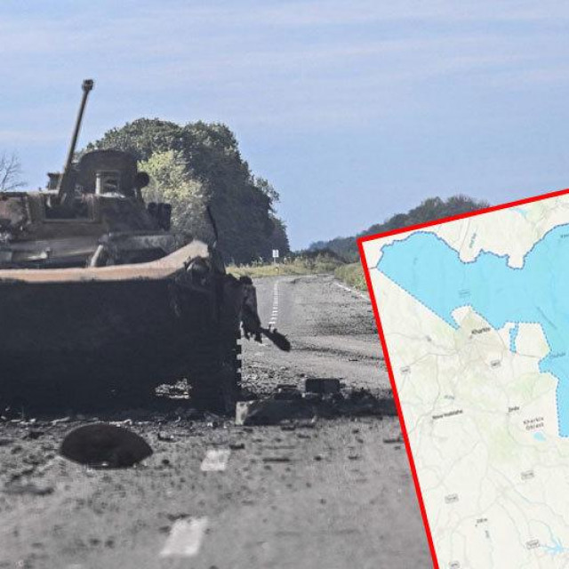 Uništeno oklopno vozilo u regiji Harkiv; karta na kojoj je prikazan osvojen teritorij