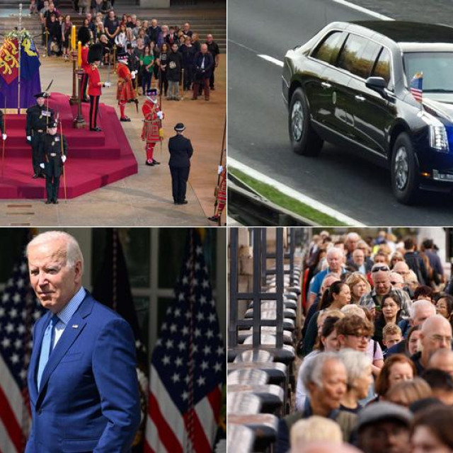 Kraljičin lijes u Westminster Hallu (L-G); Limuzina predsjednika SAD-a Joea Bidena (arhivska fotografija); Joe Biden; ožalošćeni Britanci