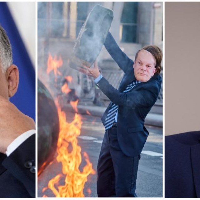 Viktor Orban/ detalj s prosvjeda protiv njemačkog kancelara Olafa Scholza/ Emmanuel Macron
