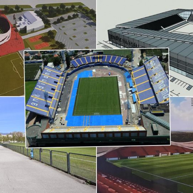 Nacrt stadiona u Sesvetama (gore lijevo i dolje desno), stadion u Kranjčevićevoj (gore desno), Zagrebello (dolje lijevo)