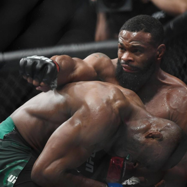 Mar 2, 2019; Las Vegas, NV, USA; Kamaru Usman (blue gloves) and Tyron Woodley (red gloves) during UFC 235 at T-Mobile Arena.,Image: 416955212, License: Rights-managed, Restrictions: *** World Rights ***, Model Release: no, Credit line: USA TODAY Network/ddp USA/Profimedia