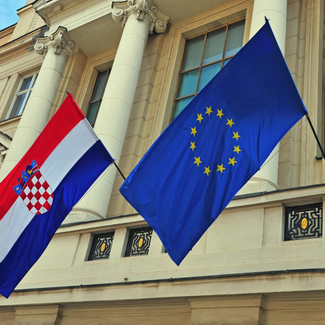 Flags of Croatia and European Union on the building