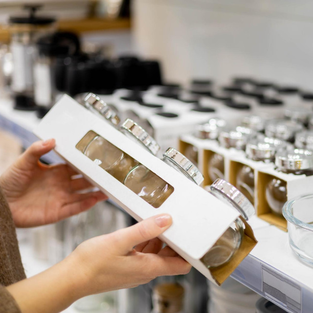Closeup female hands holding glass jar with metal lid for kitchen spices space storage organization enjoying shopping at store. Woman housewife with organic containers grocery package for dried herbs
