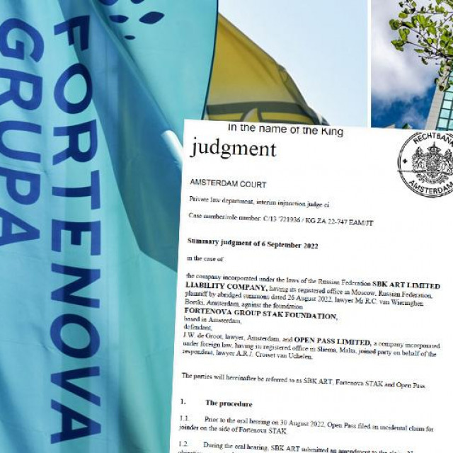 Logo Fortenova grupe, screenshot presude nizozemskog suda i sjedište Sberbanke u Rusiji