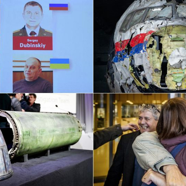Osuđeni za obaranje leta MH17 (G-L); rekonstruirani zrakoplov na letu MH17 (G-D); raketa kojom je pogođen zrakoplov (D-L); rodbina poginulih nakon izricanja presude (D-D)