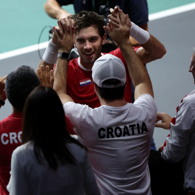 Borna Ćorić u trenucima slavlja s ostatkom hrvatske reprezentacije