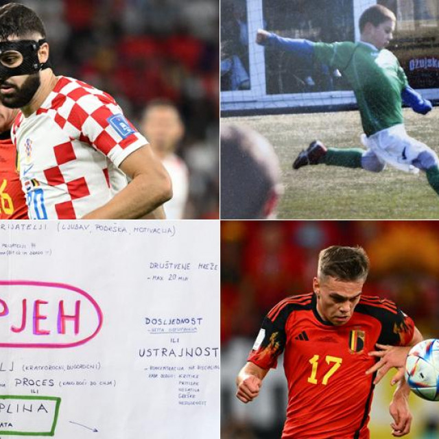 Joško Gvardiol tijekom susreta s Belgijom (G-L; D-D); mladi Joško Gvardiol (G-D); plan za uspjeh Joška Gvardiola (D-L)