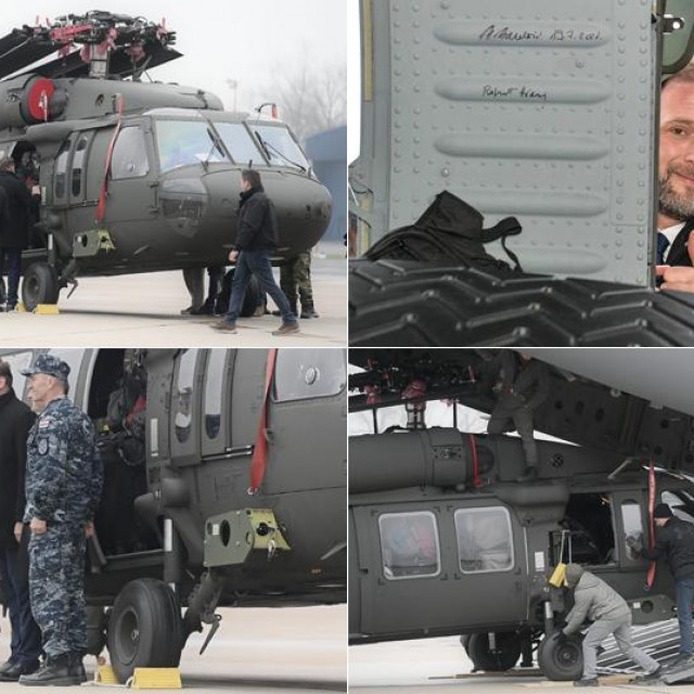 Primopredaja helikoptera Black Hawk na aerodromu Pleso; ministar obrane Mario Banožić i načelnik Glavnog stožera OS RH Robert Hranj pored svojih potpisa na dijelovima helikoptera
