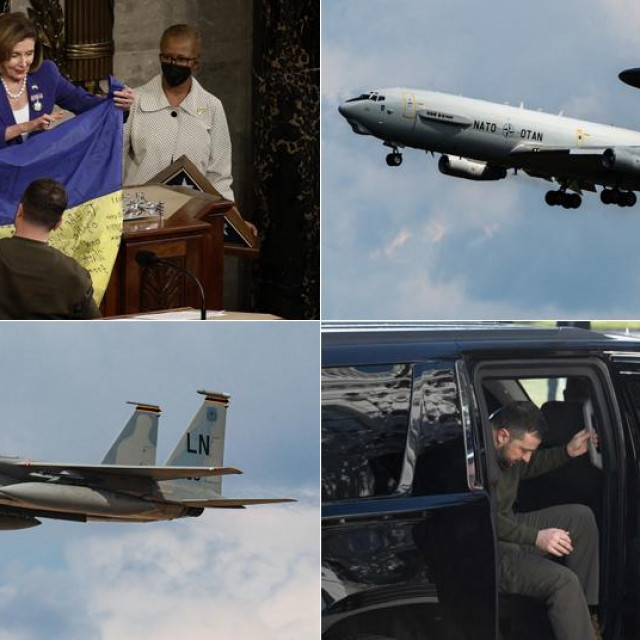 Volodimir Zelenski Nancy Pelosi I Kamali Harris daje ukrajinsku zastavu(G-L); McDonnell Douglas F-15C Eagle (D-L); Boeing E-3 Sentry (G-D); Volodimir Zelenski stiže u Bijelu kuću (D-D); 