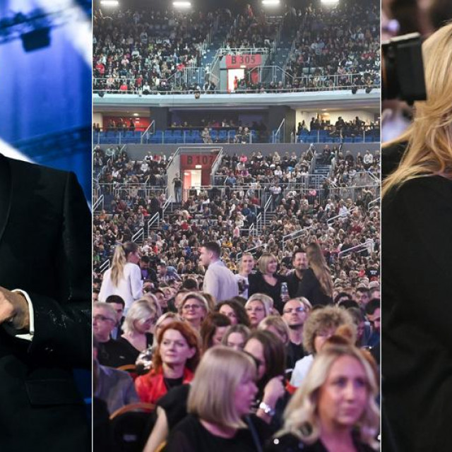 Zdravko Čolić (L); publika u Areni Zagreb; Iva Todorić i Iva Radić (D)