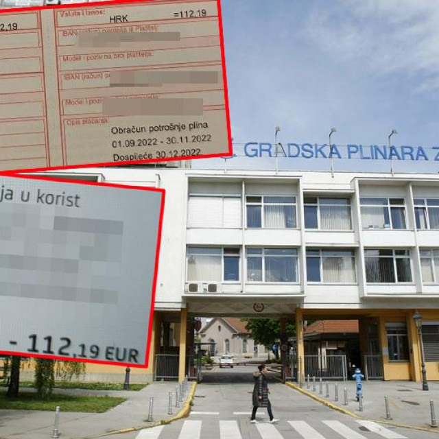 Zgrada Gradske plinare Zagreb, screenshot iznosa računa u kunama i screenshot naplaćenog istog iznosa u eurima