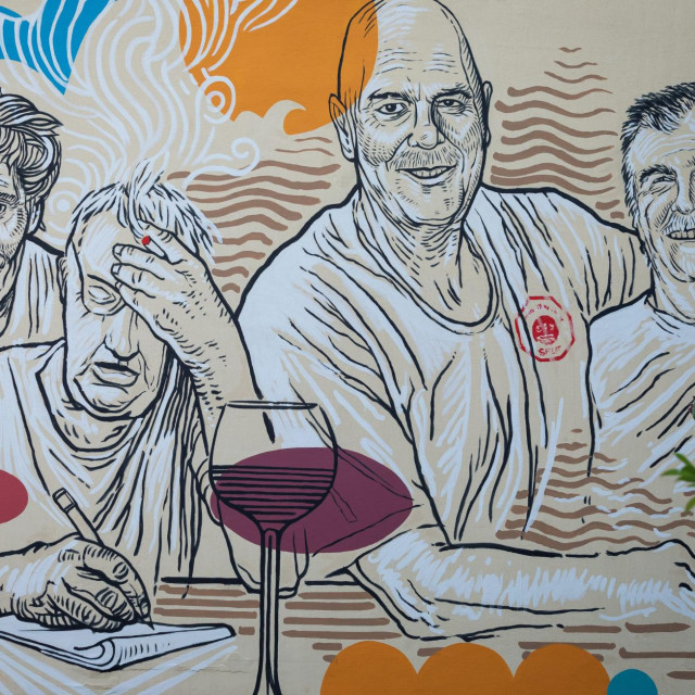 Mural na Blatinama na kojem su prikazani Damir Mihanović Cubi, Miljenko Smoje, Milorad Bibić Mosor i Zdenko Runjić

 