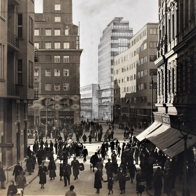 Prema Iblerovoj vizualizaciji, neboder u Gajevoj ulici nešto je viši u odnosu na današnji, sagrađen prema Planićevu projektu