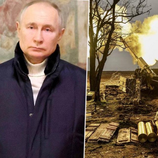 Vladimir Putin i ruski vojnik koji puca iz haubice