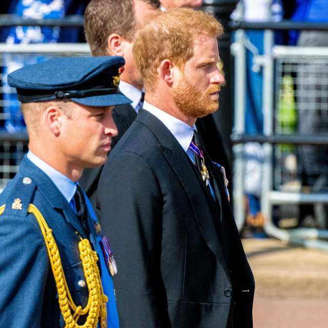 Point de Vue Out
Mandatory Credit: Photo by Shutterstock (13390185e)
Prince William of Wales and Prince Harry Duke of Sussex follow Her Majesty the Queen‘s coffin on foot as it is transported to the Palace of Westminster, before lying in state in Westminster Hall in London.
Queen Elizabeth II‘s coffin procession from Buckingham Palace to Westminster Hall, London, UK - 14 Sep 2022
