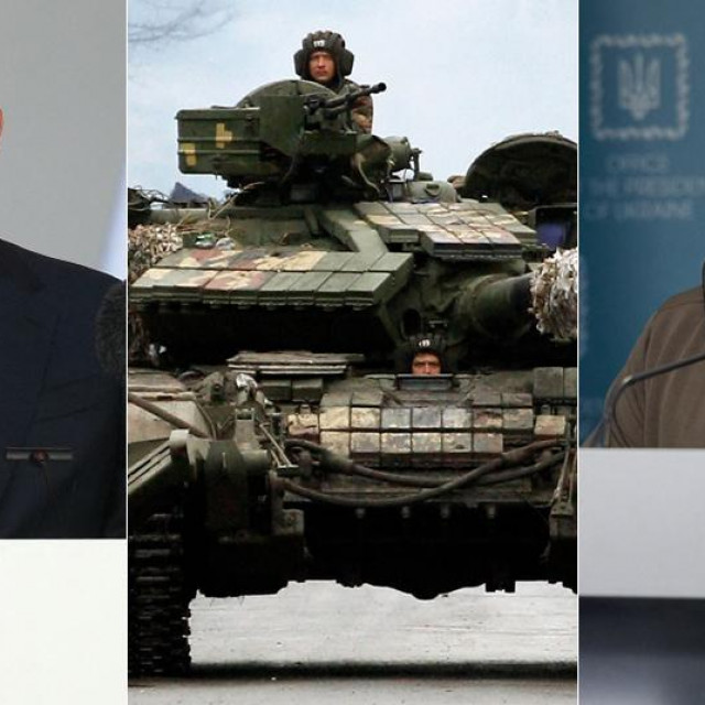 Vladimir Putin (L); Volodimir Zelenski (D)