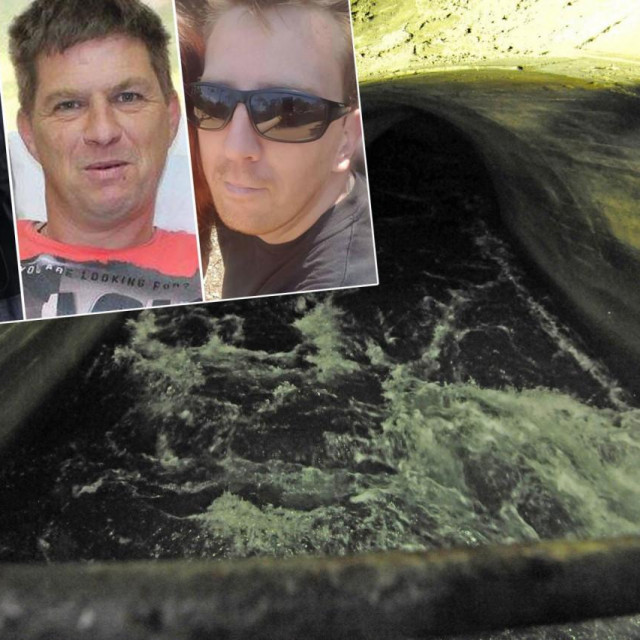 Mato Maškarić, Ivica Zvrko i Davor Pozniak (na fotografijama gore lijevo); odvodni kanal koji vodi od HE do mora u koji su skočila trojica radnika (glavna fotografija)