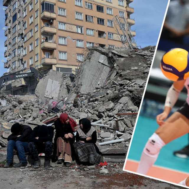 Luka Piljan, dečko odbojkašice Matee Ikić, i njihov pas Coco
ispred privremenog smještaja u Gaziantepu nakon potresa, snimljeno 7. 2. 2023. 