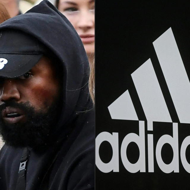(FILES) (COMBO) This file combination of pictures created on October 25, 2022 shows US rapper Kanye West attending the Givenchy Spring-Summer 2023 fashion show in Paris, on October 2, 2022 and the corporate logo of German sports equipment maker Adidas in Munich, southern Germany, on March 10, 2021. - German sportswear giant Adidas suffered heavy falls in its 2022 net income, according to preliminary results February 9, 2023, and said it expects major losses this year after ending a tie-up with Kanye West. (Photo by JULIEN DE ROSA and CHRISTOF STACHE/AFP)