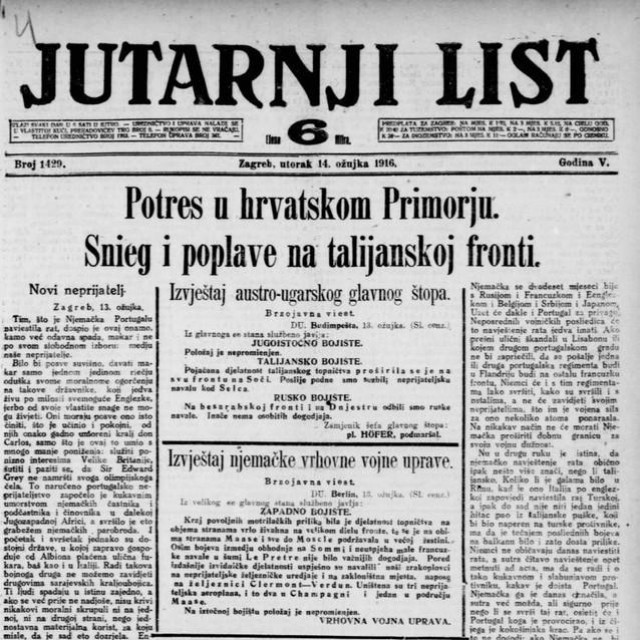 Naslovnica Jutarnjeg lista 14. ožujka 1916.