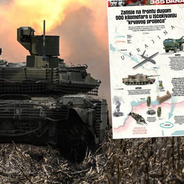 Ruski tenk T-90M i karta bojišta u Ukrajini