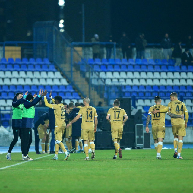 Osijek, 010323.
Stadion Gradski vrt.
Utakmica 1/4 finale Kupa Hrvatske, NK Osijek - HNK Hajduk.
Na fotografiji: slavlje Hajduka.