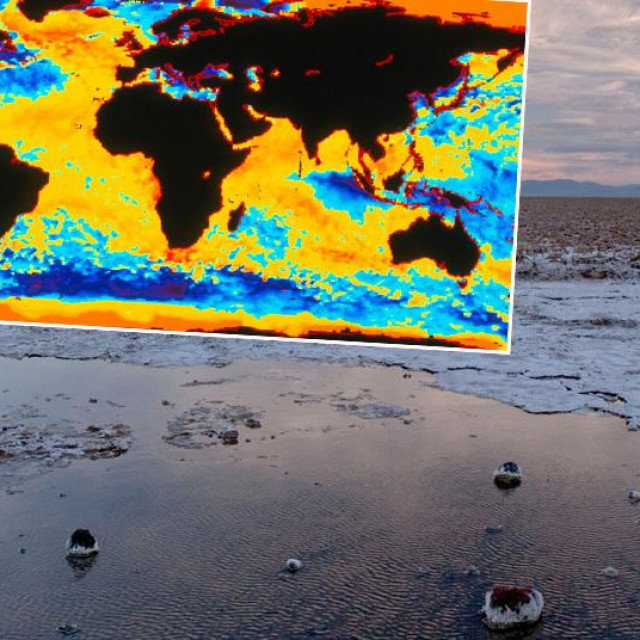 Ilustracija: Prikaz EL Nina iz 1997. na karti te suša u jezeru Salt Lake