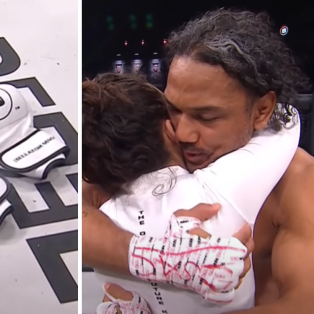 Benson Henderson sa suprugom Mariom (desno) i njegove rukavice položene u kavez (lijevo)