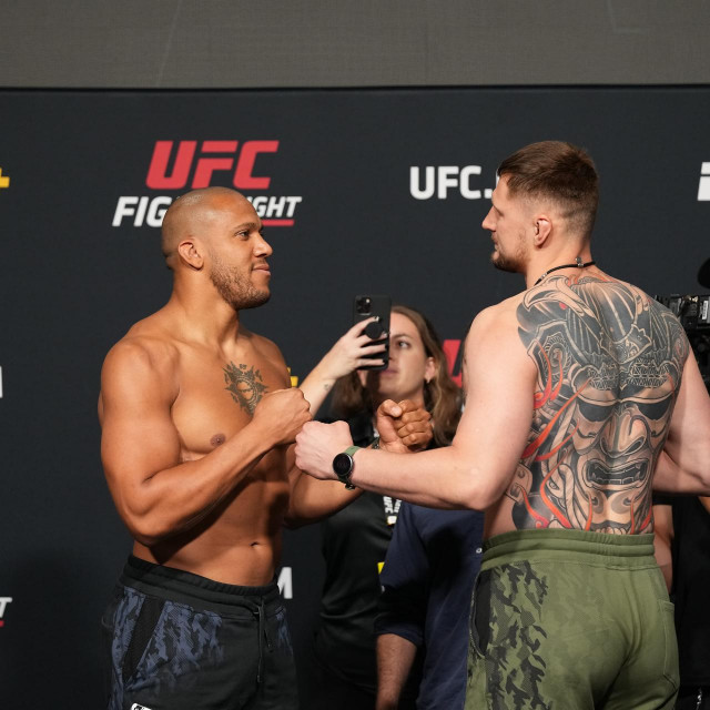 LAS VEGAS, NV - JUNE 25: Ciryl Gane (left) and Alexander Volkov (right) face-off following the official weigh-in for UFC Vegas 30 on June 25, 2021, at UFC Apex in Las Vegas, NV.,Image: 617951190, License: Rights-managed, Restrictions: FOR EDITORIAL USE ONLY. Icon Sportswire (A Division of XML Team Solutions) reserves the right to pursue unauthorized users of this image. If you violate our intellectual property you may be liable for: actual damages, loss of income, and profits you derive from the use of this image, and, where appropriate, the costs of collection and/or statutory damages up to $150,000 (USD)., Model Release: no, Credit line: Louis Grasse/PxImages/Icon Sportswire/Newscom/Profimedia