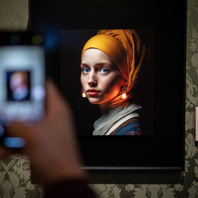 Julian van Dieken inspiriran Vermeerovom Djevojkom s bisernom naušnicom,  Mauritshuis museum, Haag,  9. ožujka 2023.