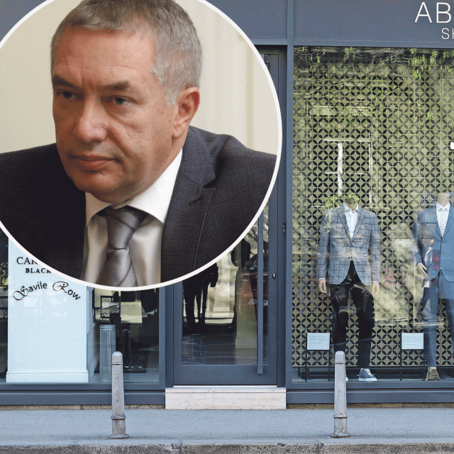 Dragan Kovačević (u krugu) i prodajni prostor Norme u kojoj su uglednici od Željka Vidakovića preuzimali odijela