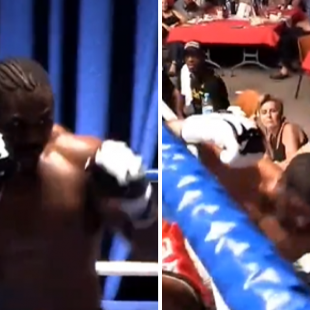 Francis Ngannou (lijevo) i njegov protivnik u kickboksačkom meču (desno)