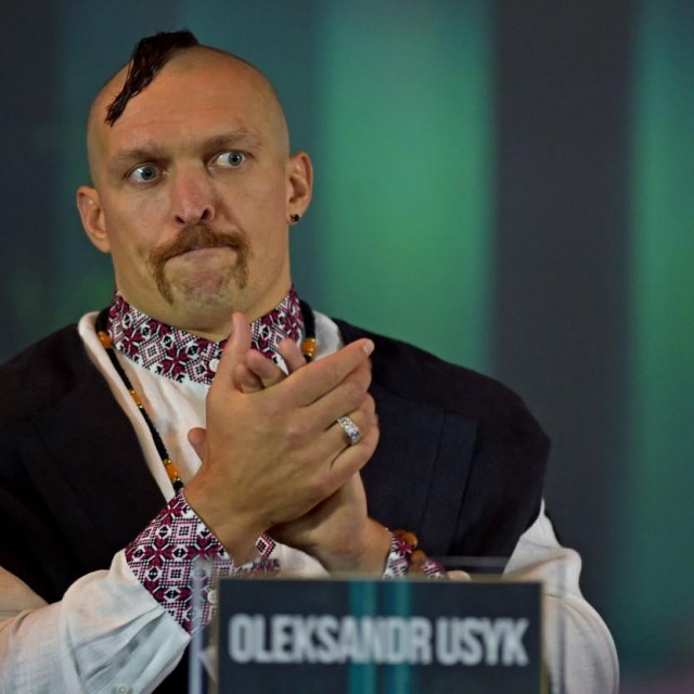 Ukranian boxer Oleksandr Usyk attends a press conference ahead of the heavyweight boxing rematch for the WBA, WBO, IBO and IBF titles in Jeddah on August 17, 2022.,Image: 714629122, License: Rights-managed, Restrictions:, Model Release: no, Credit line: Amer HILABI/AFP/Profimedia