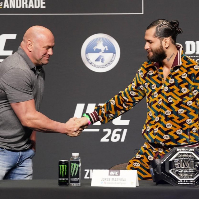 JACKSONVILLE, FL - APRIL 22: Jorge Masvidal shakes hands with UFC President and CEO Dana White (L) at the press conference for UFC 261: Usman vs Masvidal 2 on April 22, 2021, at VyStar Veterans Memorial Arena in Jacksonville, FL.,Image: 607374143, License: Rights-managed, Restrictions: FOR EDITORIAL USE ONLY. Icon Sportswire (A Division of XML Team Solutions) reserves the right to pursue unauthorized users of this image. If you violate our intellectual property you may be liable for: actual damages, loss of income, and profits you derive from the use of this image, and, where appropriate, the costs of collection and/or statutory damages up to $150,000 (USD)., Model Release: no, Credit line: Louis Grasse/PxImages/Icon Sportswire/Newscom/Profimedia