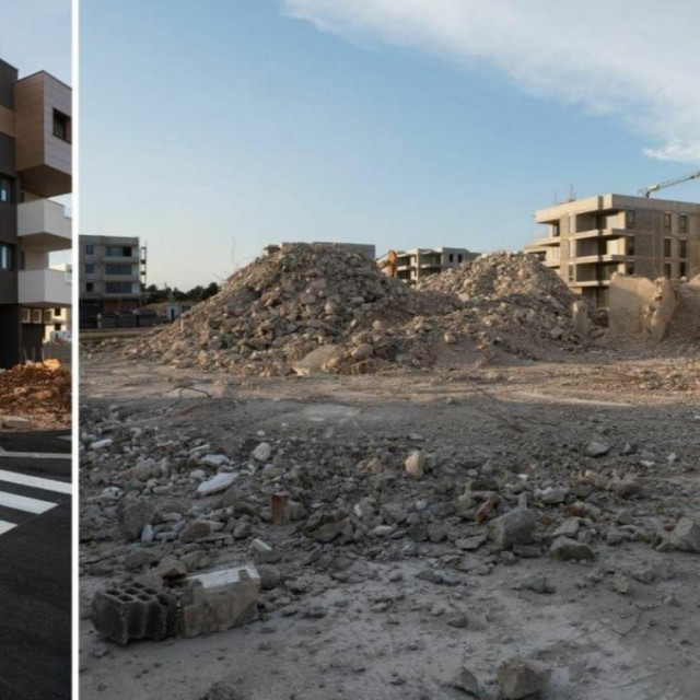 Novoizrađeni dio četvrti Vitrenjak; Srušena zgrada Dalme (desno)