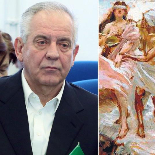 Ivo Sanader i slike Vlahe Bukovca: (s lijeva na desno): ”Zavist ubija Pravednost III”, ”Šuma Fontainebleau” i ”Portret gospođe Mounier”