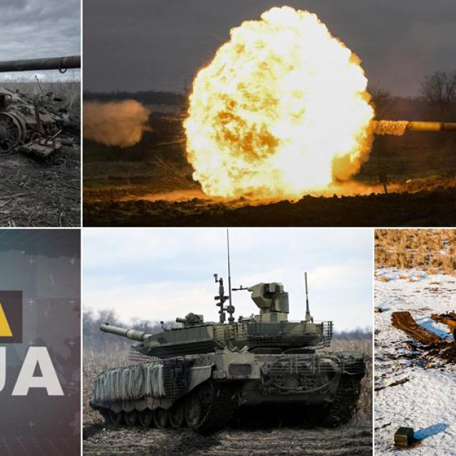 Uništeni tenk u Ukrajini; tenk ukrajinski snaga ispaljuje granatu; ruski tenk t-90M; uništeni ruski tenk