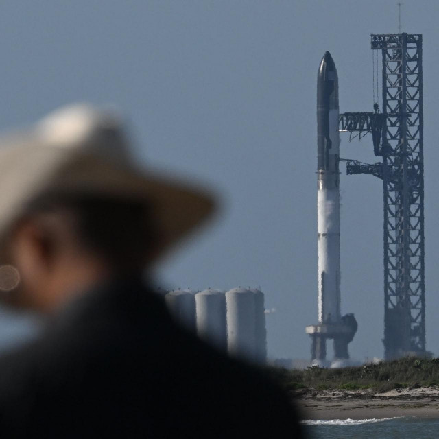 The SpaceX Starship rocket stands on the launchpad from the SpaceX Starbase in Boca Chica as seen from South Padre Island, Texas, on April 17, 2023. - SpaceX on Monday postponed the first test flight of Starship, the most powerful rocket ever built. Liftoff of the giant rocket was called off just minutes ahead of the scheduled launch time because of a pressurization issue, SpaceX officials said. (Photo by Patrick T. Fallon/AFP)