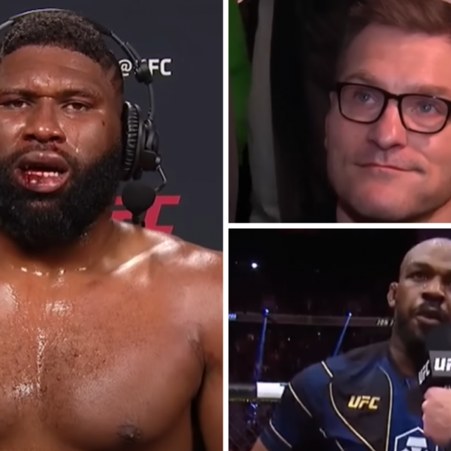 Curtis Blaydes (lijevo), Stipe Miočić (gore desno) i Jon Jones