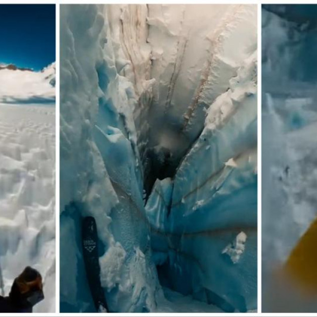 Francuski skijaš, trenutak pada u pukotinu